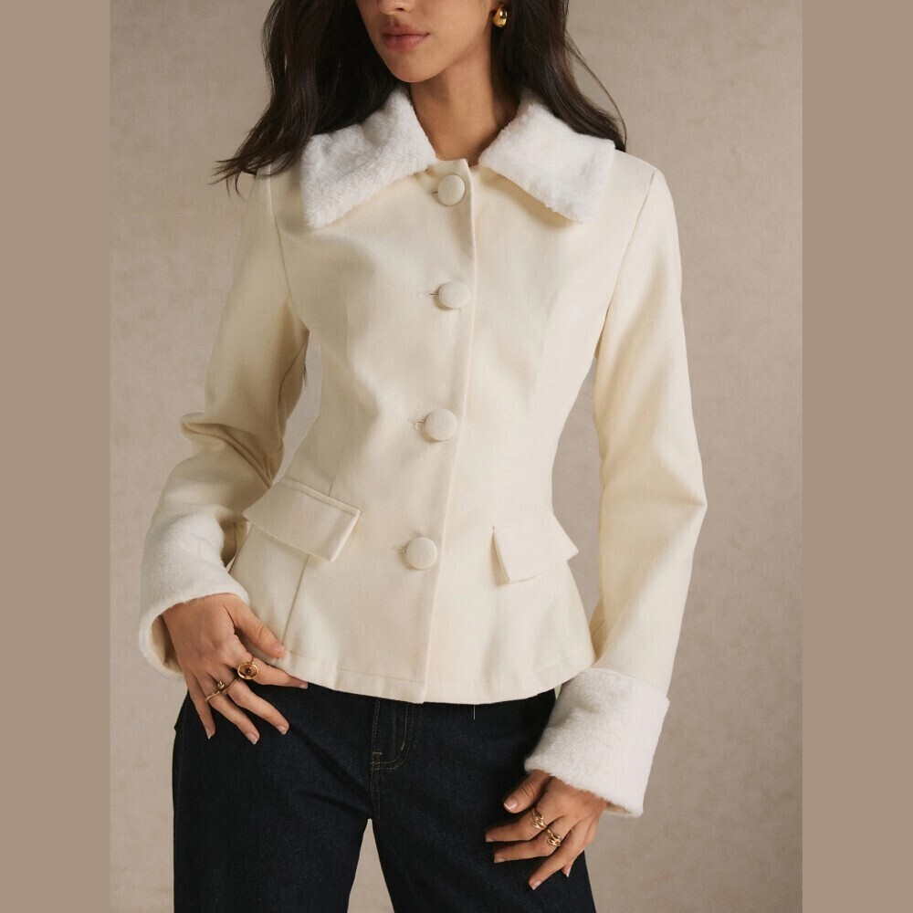 Cream Faux Fur Collar Button Front Fitted Short Blazer Jacket
